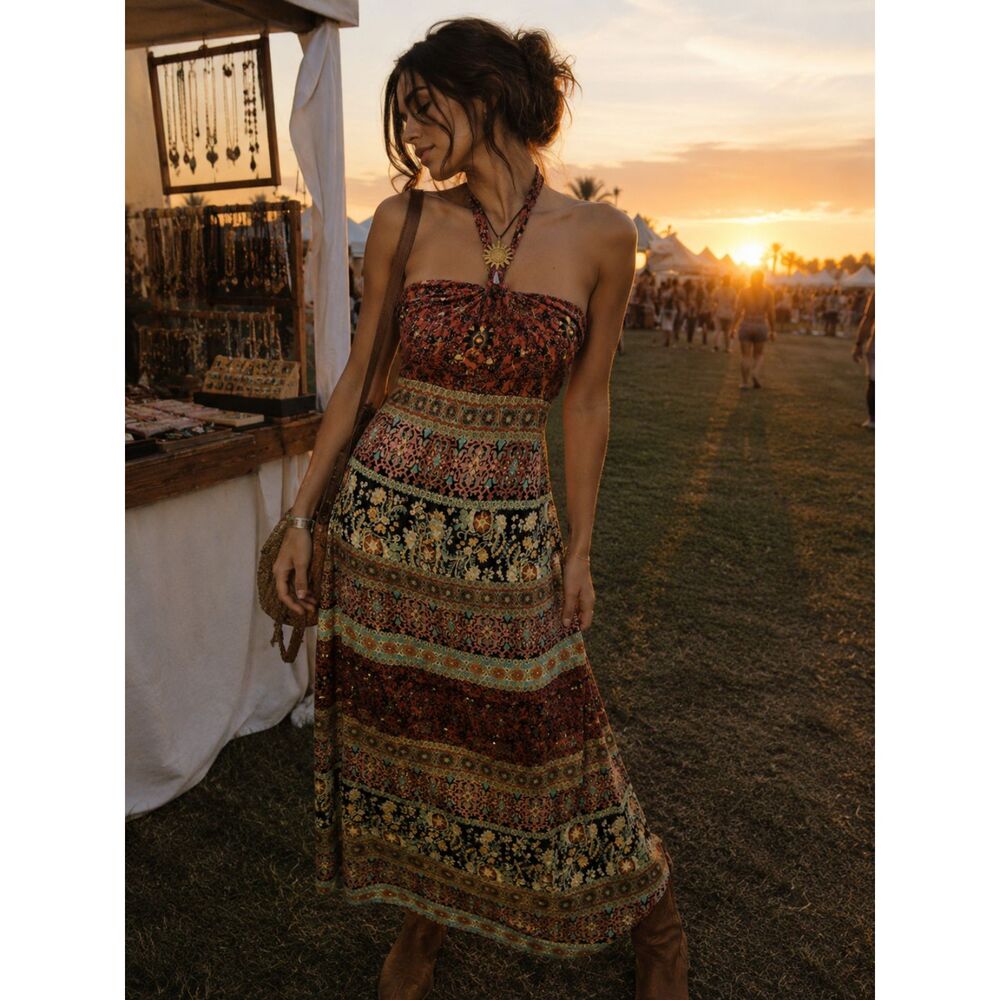 Y2K Boho Festival Feminine Cottage Tube Top Halter Maxi Long Dress